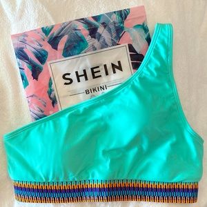 SHEIN CONTRAST TRIM ONE SHOULDER BIKINI SWIMSUIT IN MINT BLUE